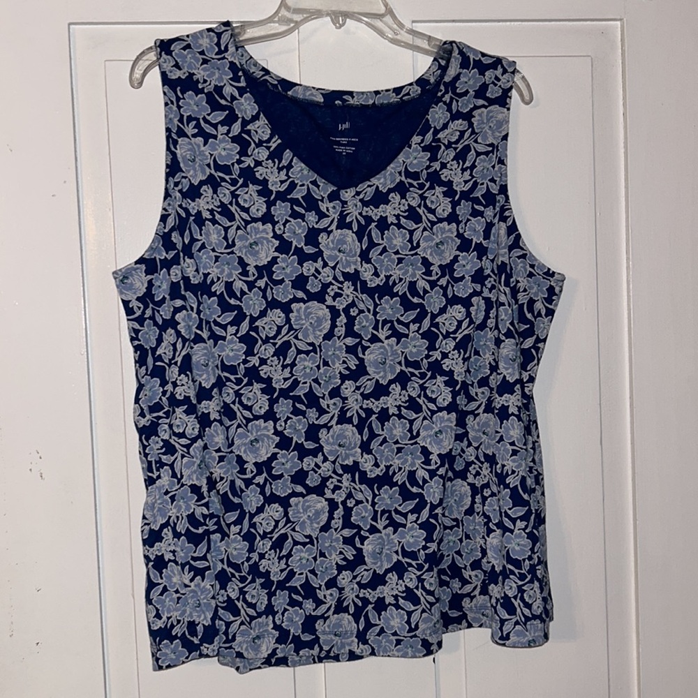 J JILL Womens Pima Cotton Floral Sleeveless Tank Top in Blue & White 3X Resort